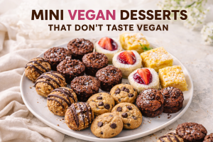 Mini vegan desserts arranged on a plate showing rich chocolate and cookie textures