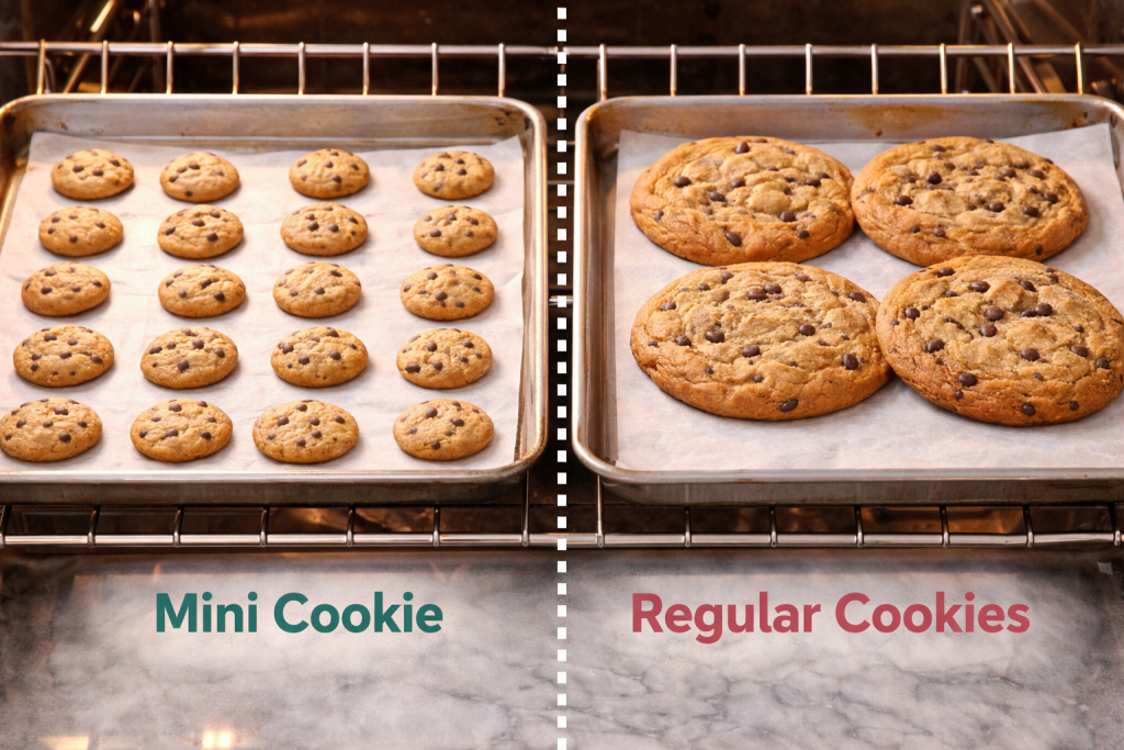 Mini cookies and regular cookies baking on separate sheets in the oven