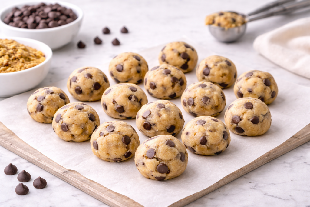 No-bake mini cookie dough bites arranged on parchment paper