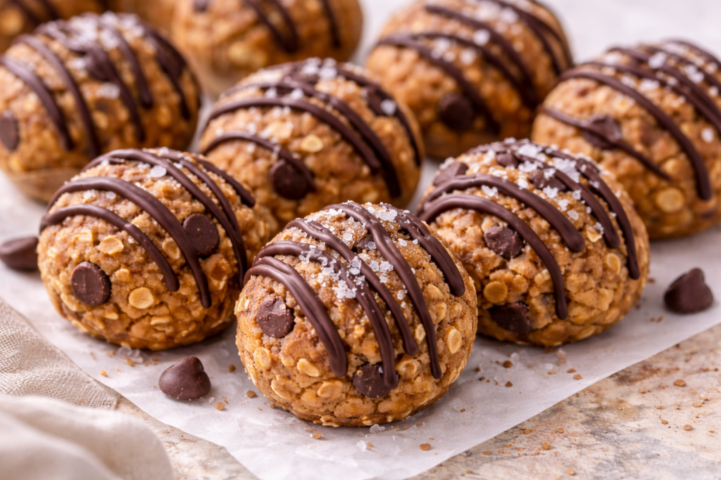 No-bake vegan peanut butter bites arranged on parchment paper