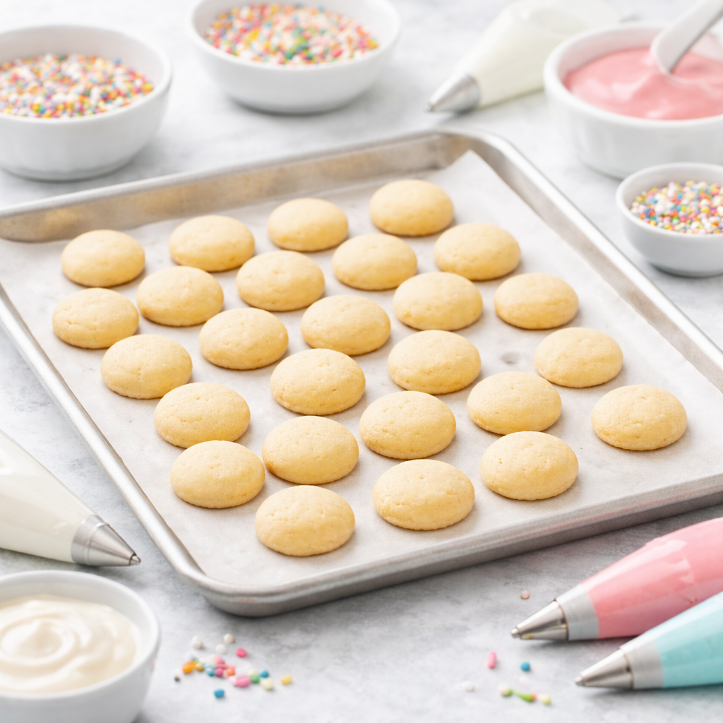 Plain mini sugar cookies ready to decorate on a kitchen counter