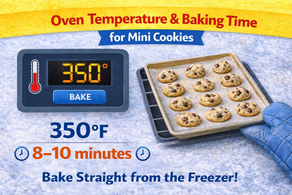 Oven temperature and baking time for mini cookies, showing 350°F oven setting and cookies baking on a sheet