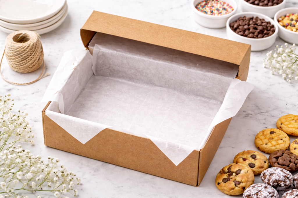 Mini bakery box lined with parchment paper for cookie packaging