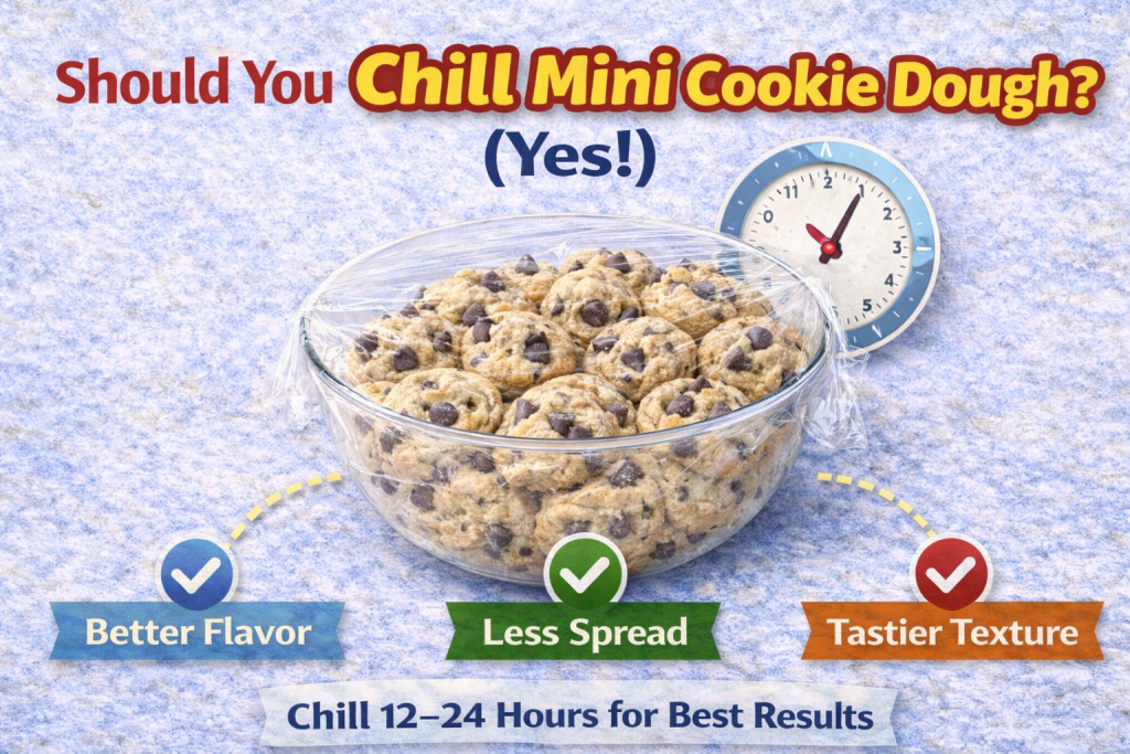 Why chilling mini cookie dough helps, showing dough in a covered bowl with benefits like better flavor, less spread, and improved texture