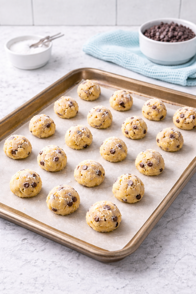 Teaspoon-sized mini cookie dough balls spaced on a baking sheet before freezing