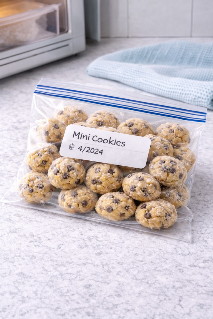 Frozen mini cookies stored in a labeled freezer-safe bag