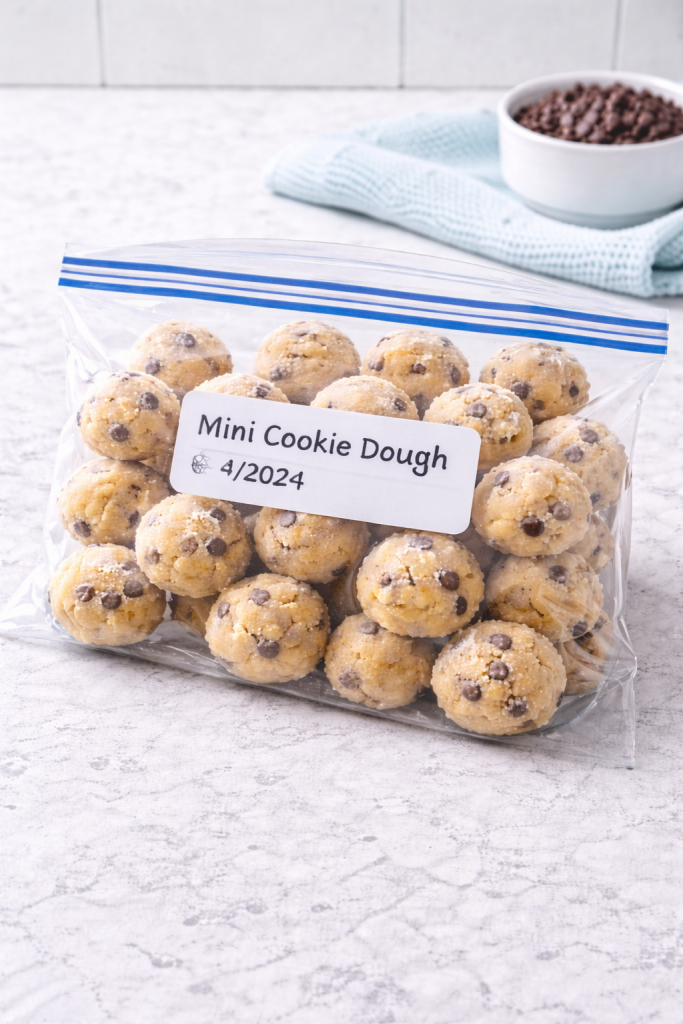 Frozen mini cookie dough stored in a labeled freezer-safe bag