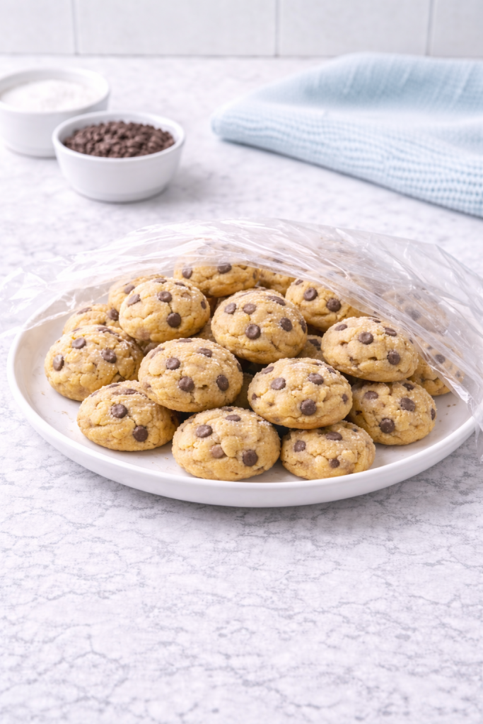 Mini cookies thawing at room temperature on a plate