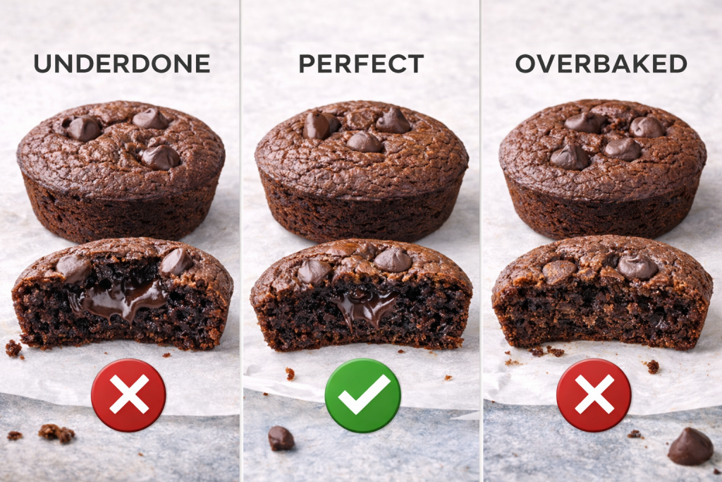 Comparison of mini brownie bites showing underdone, perfectly baked, and overbaked textures with interior views