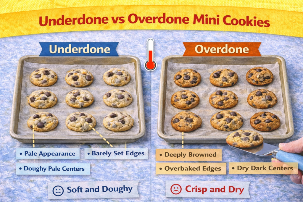 Underdone versus overdone mini cookies shown side by side, comparing pale doughy cookies with dark dry cookies