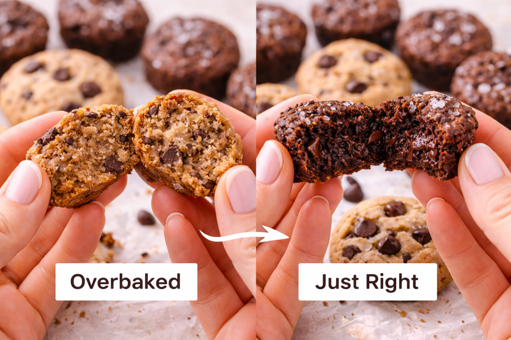 Vegan mini dessert comparison showing dry overbaked texture versus moist interior