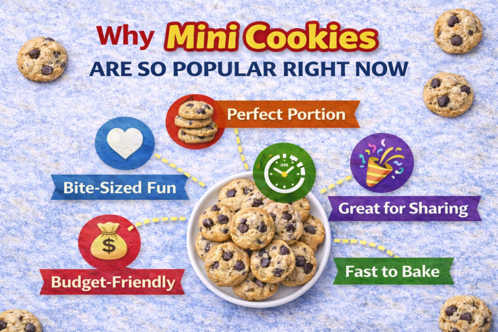 Why mini cookies are popular, showing bite-sized cookies with icons for portion control, sharing, fast baking, and affordability