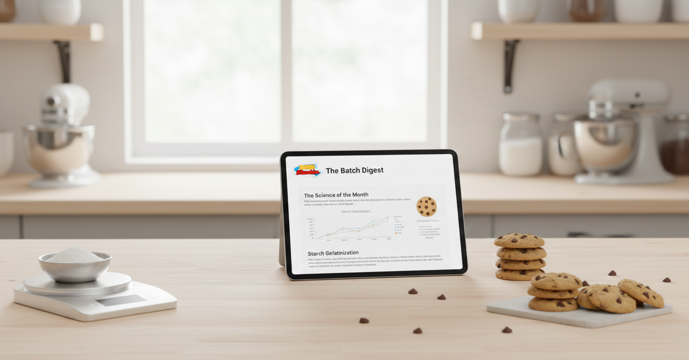 A professional kitchen workspace with a tablet showing the Baked Munchies newsletter next to a digital scale and fresh mini cookies.