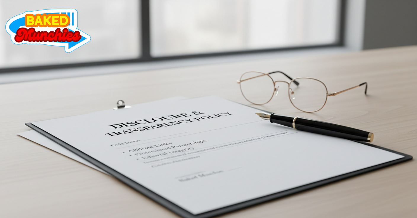 A professional document folder or clean desk space representing the Baked Munchies transparency and disclosure page.