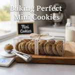 A professional display of perfectly baked mini chocolate chip cookies in a clear gift box with the title Baking Perfect Mini Cookies.