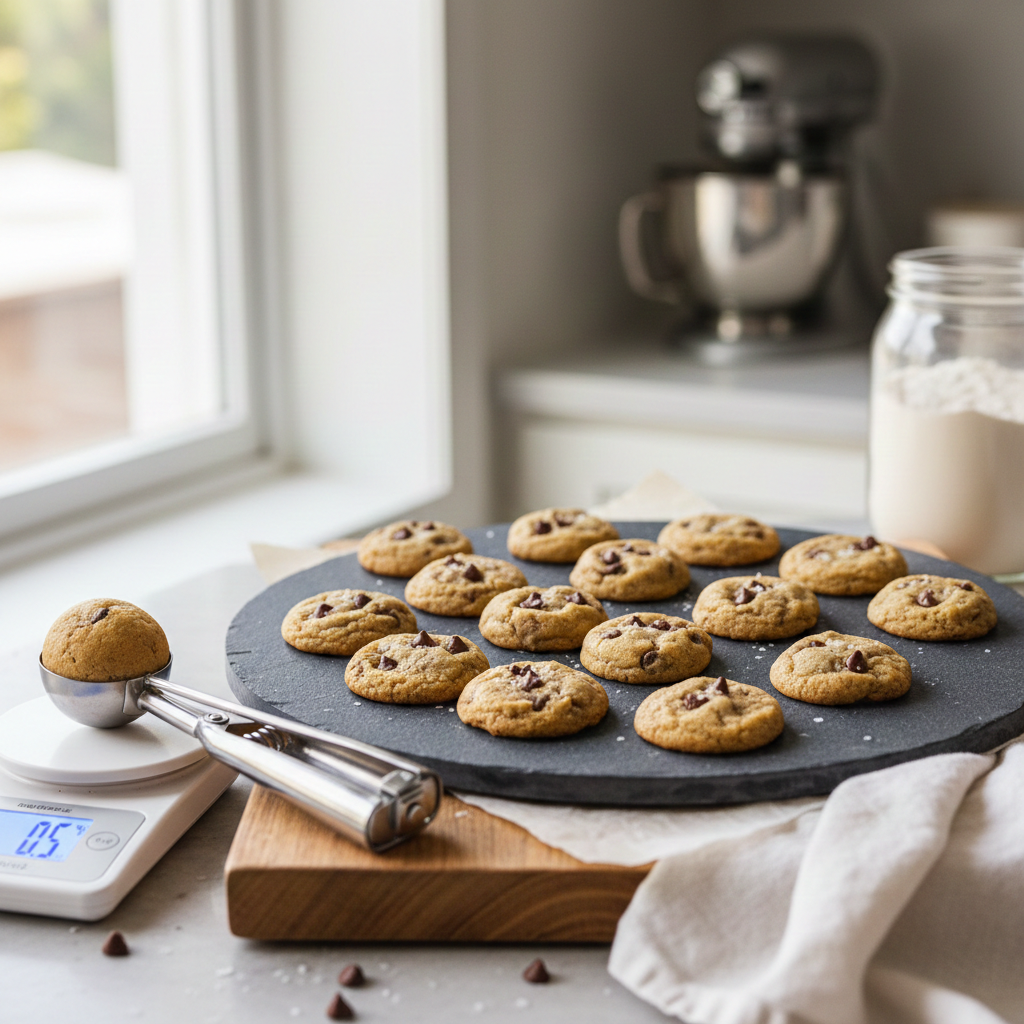 Mastering Perfect Mini Cookies A tray of uniform mini chocolate chip cookies next to a small dough scoop on a cooling rack.