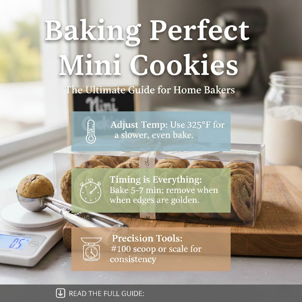 Baking Perfect Mini Cookies Infographic Guide An infographic titled Baking Perfect Mini Cookies showing tips for oven temperature, timing, and precision tools.