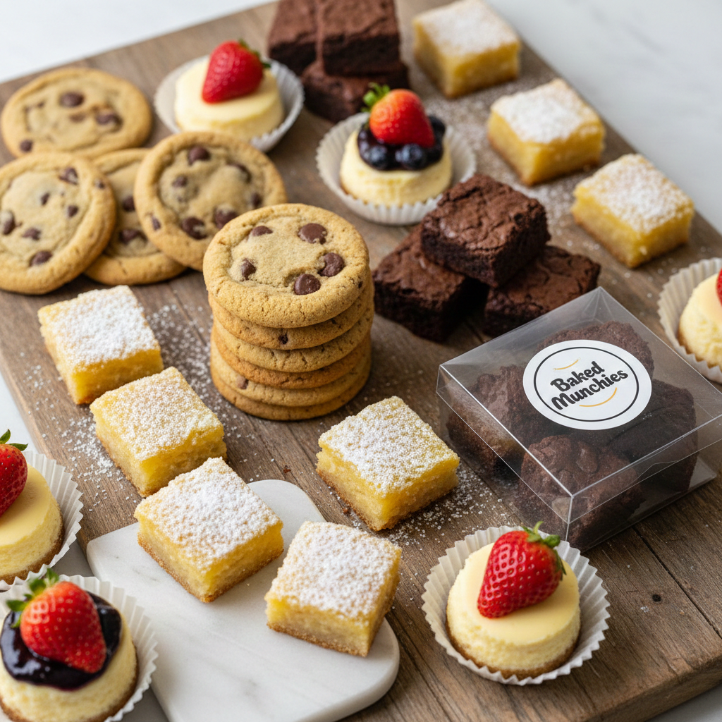 Assortment of best-selling mini desserts including chocolate chip cookies, brownie bites, and lemon bars for a home baking business