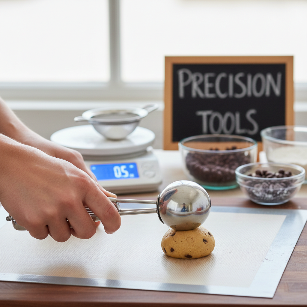 Essential Mini Cookie Baking Tools A hand using a number 100 small cookie scoop to place dough on a silicone baking mat.