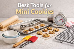 Essential tools for baking mini cookies arranged on a baking sheet and counter