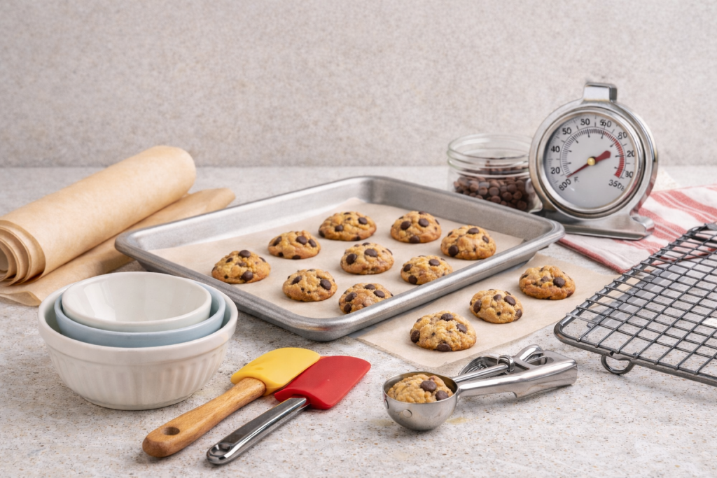 Best tools for baking mini cookies arranged on a kitchen counter