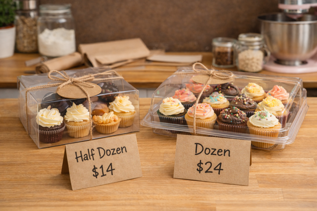 Mini desserts arranged in boxes labeled half dozen and dozen