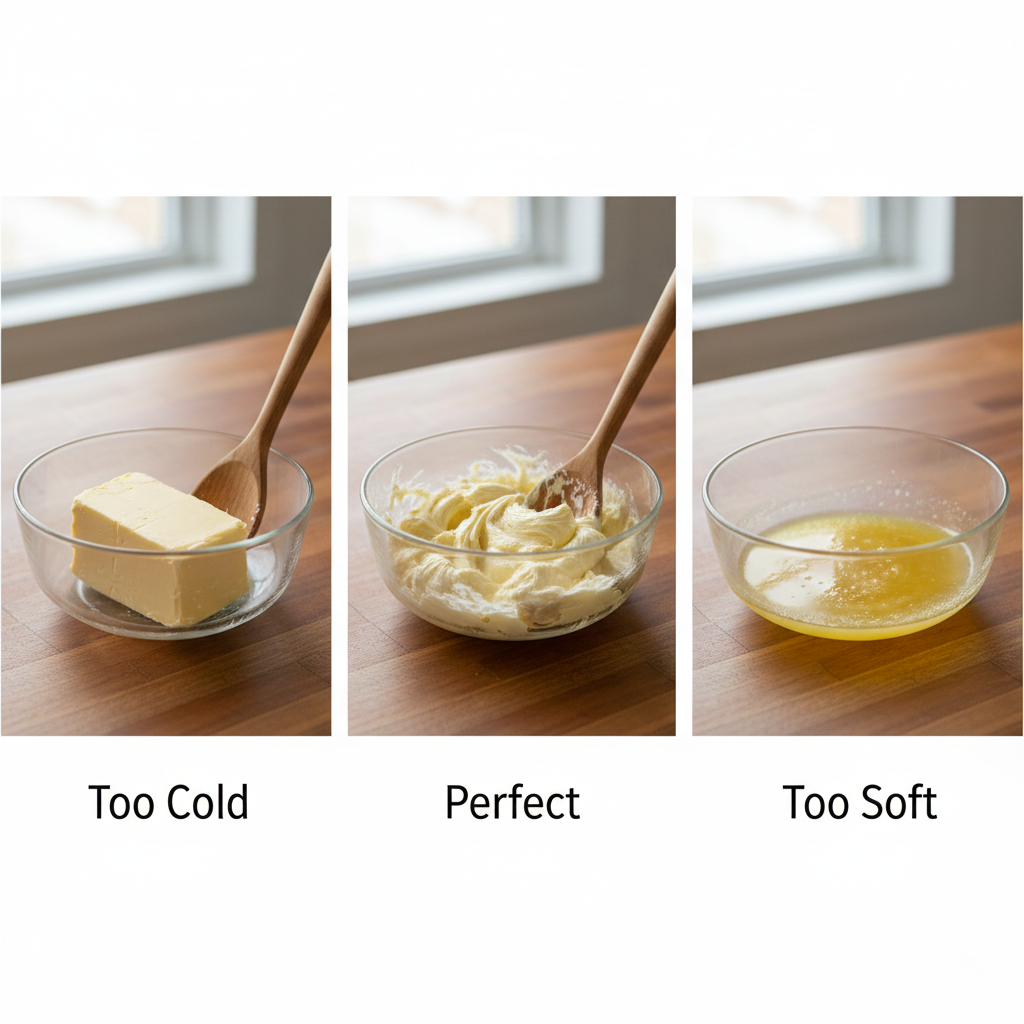 A visual guide showing three states of butter (too cold, perfect room temperature, too soft) for optimal creaming in cookie dough.