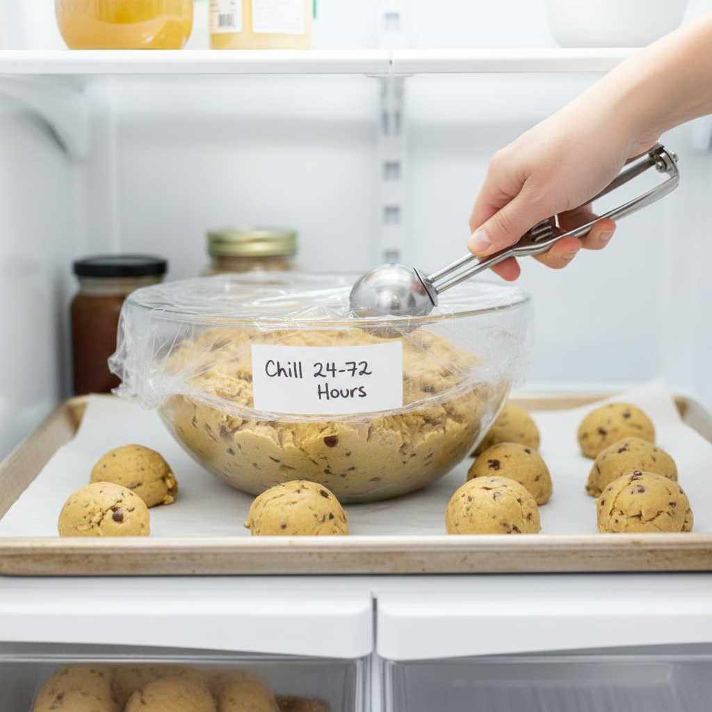 Cookie dough chilling in a labeled bowl in the refrigerator, illustrating the recommended chilling process for enhanced flavor and texture.