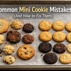 Mini cookies showing common baking mistakes alongside properly baked cookies on a sheet pan