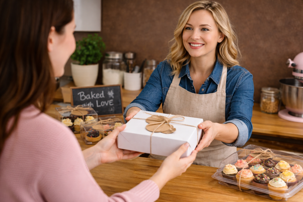 Home baker handing a box of mini desserts to a happy customer