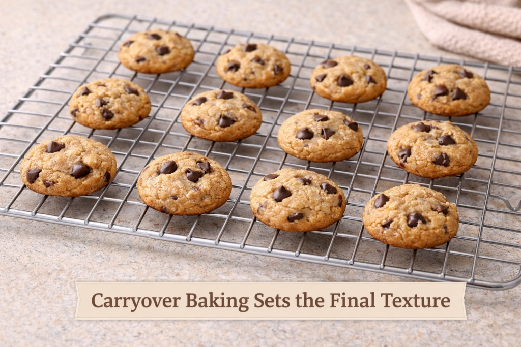 Mini cookies cooling on a wire rack after being removed from the oven