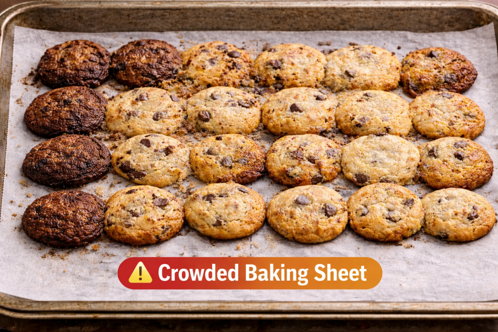 Mini cookies baked too close together on a crowded baking sheet