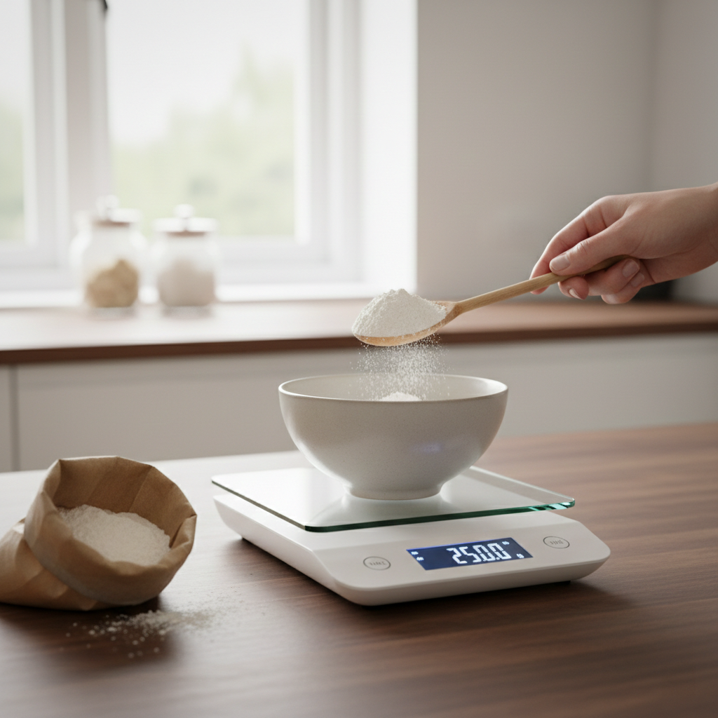 A close-up of a digital kitchen scale accurately weighing flour, demonstrating the importance of precise measurements in professional baking.