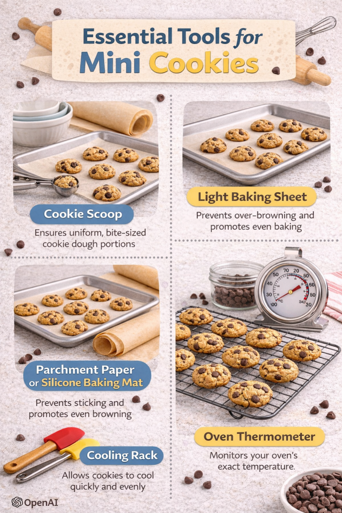 Infographic showing essential tools for baking mini cookies including scoop, sheet, and thermometer