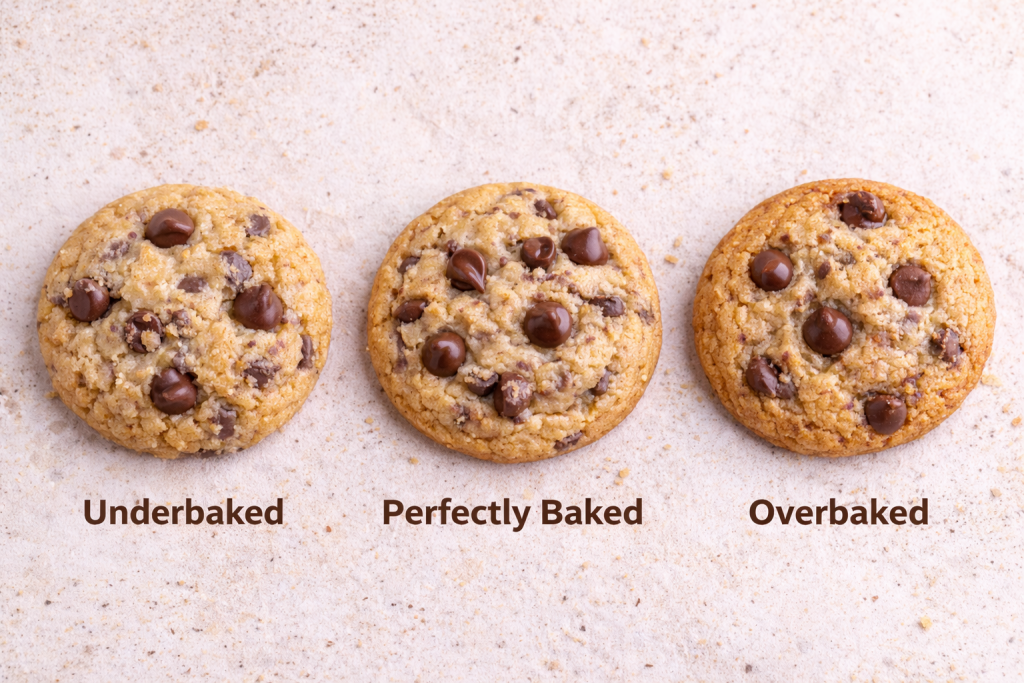 Comparison of underbaked, perfectly baked, and overbaked mini gluten free cookies