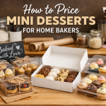 Mini desserts packaged and ready for sale on a home baker’s kitchen workspace