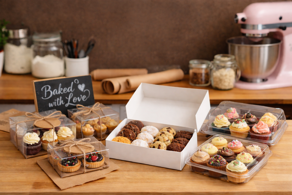 Mini desserts packaged and ready for sale on a home baker’s workspace