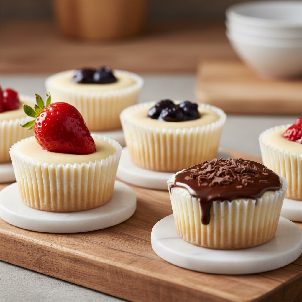 Assortment of mini cheesecake bites with various fruit and chocolate toppings, ideal for selling