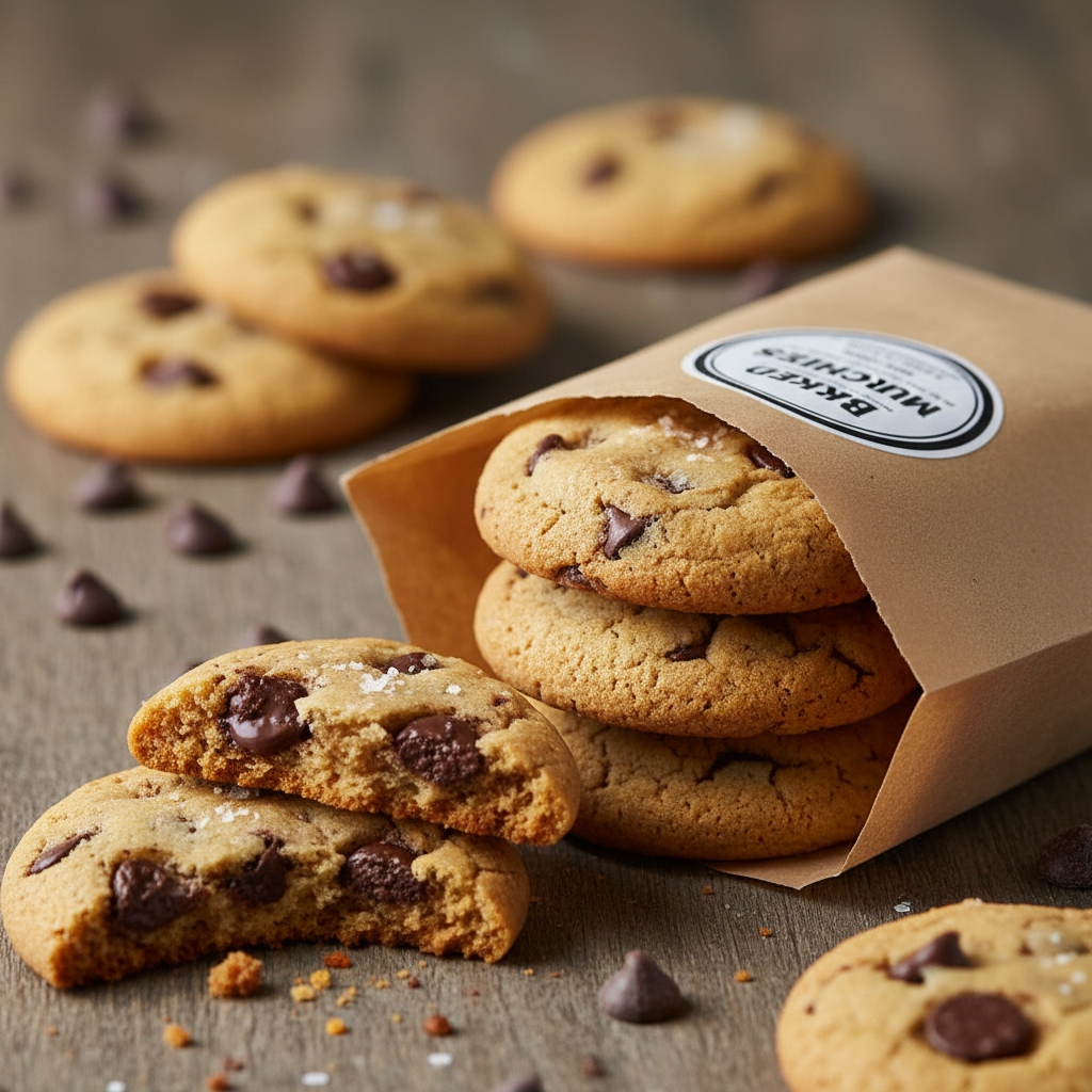 Close-up of freshly baked mini chocolate chip cookies in a snack pack for sale