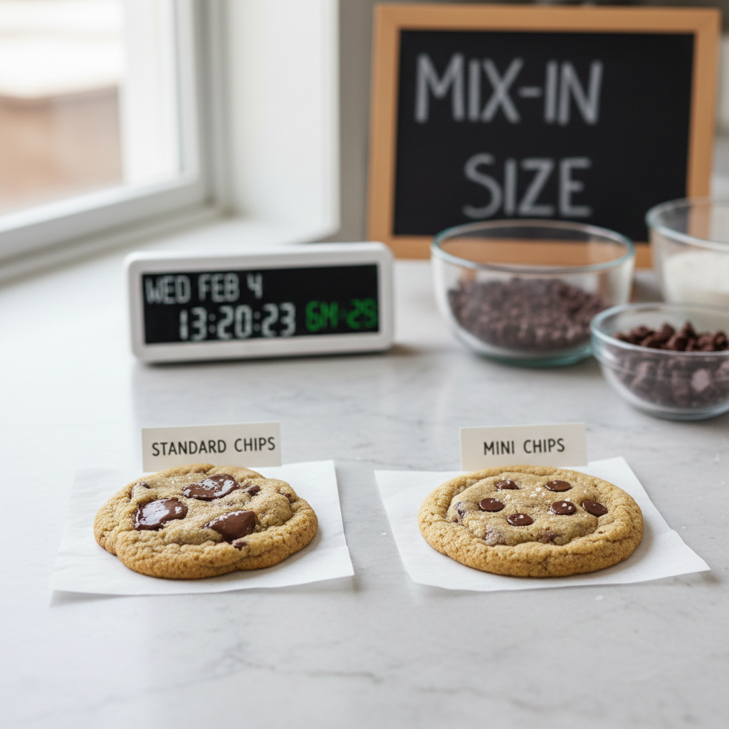 Choosing the Right Mix-in Size A comparison of a mini cookie made with standard chocolate chips versus one made with mini chips.