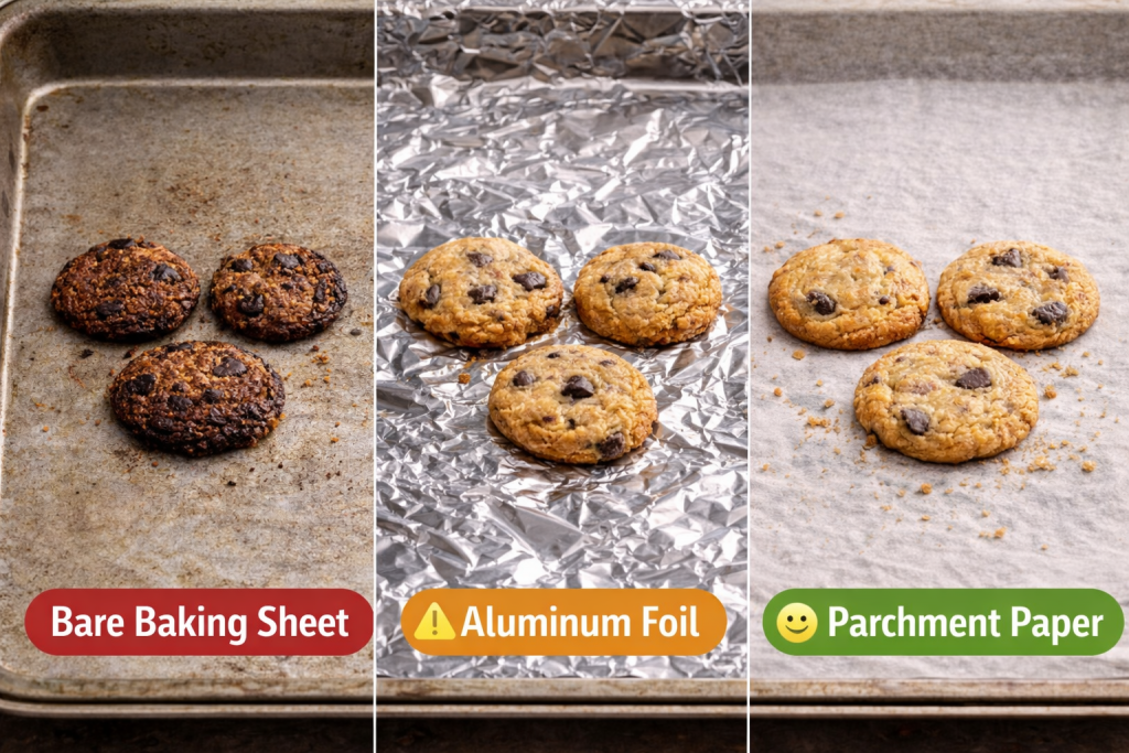 Mini cookies baked on dark pan versus light pan showing different browning