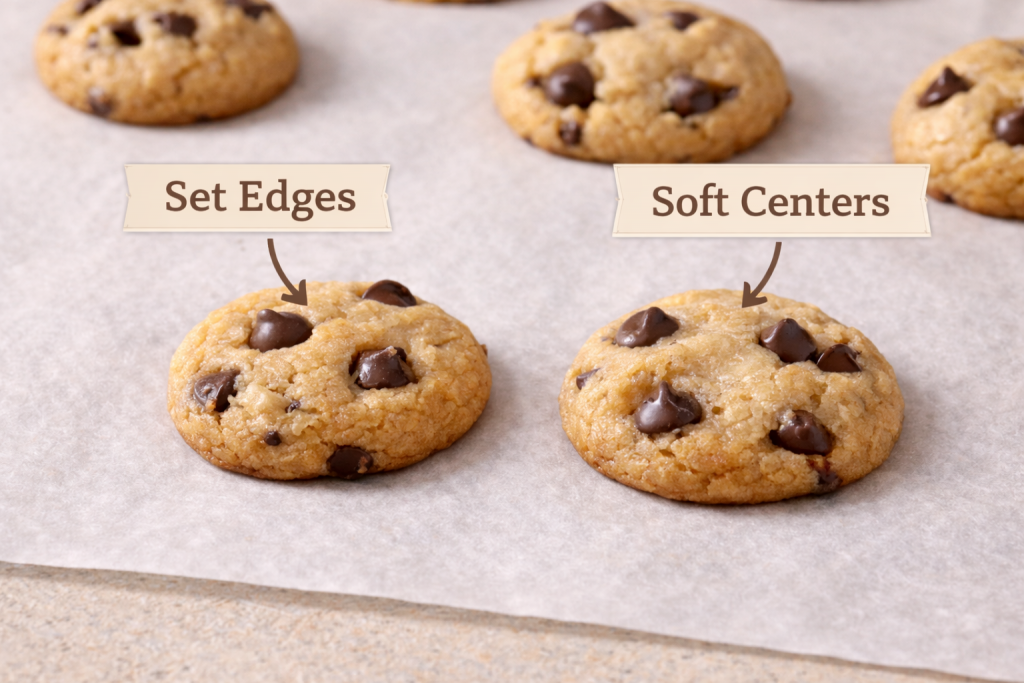 Mini cookies showing set edges and soft centers indicating proper doneness