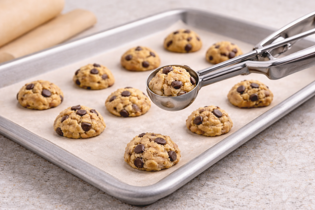 Mini cookie dough portioned with a small cookie scoop on a baking sheet
