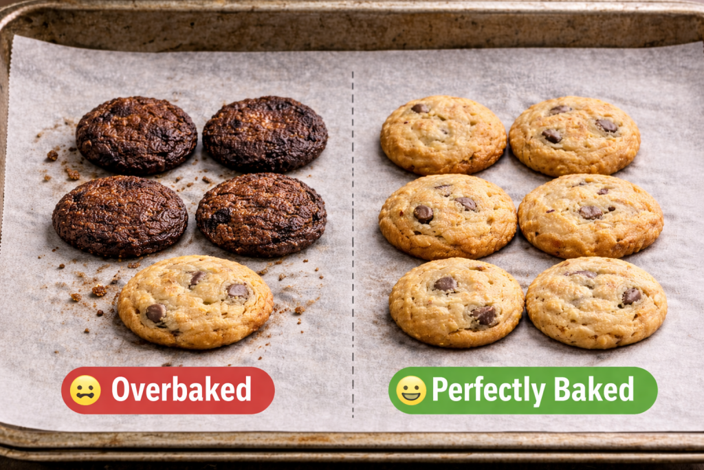Comparison of overbaked and properly baked mini cookies showing texture differences