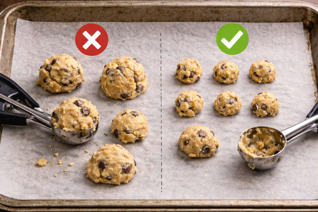 Mini cookie dough scoops of different sizes on a baking sheet