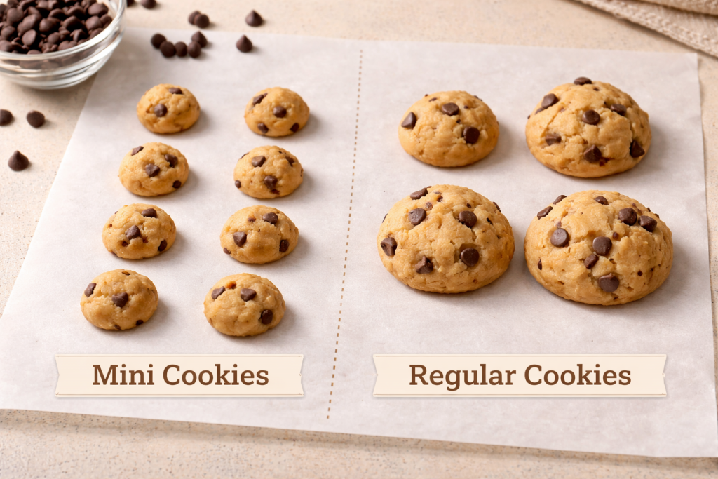 Mini cookie dough balls compared to regular-sized cookie dough balls