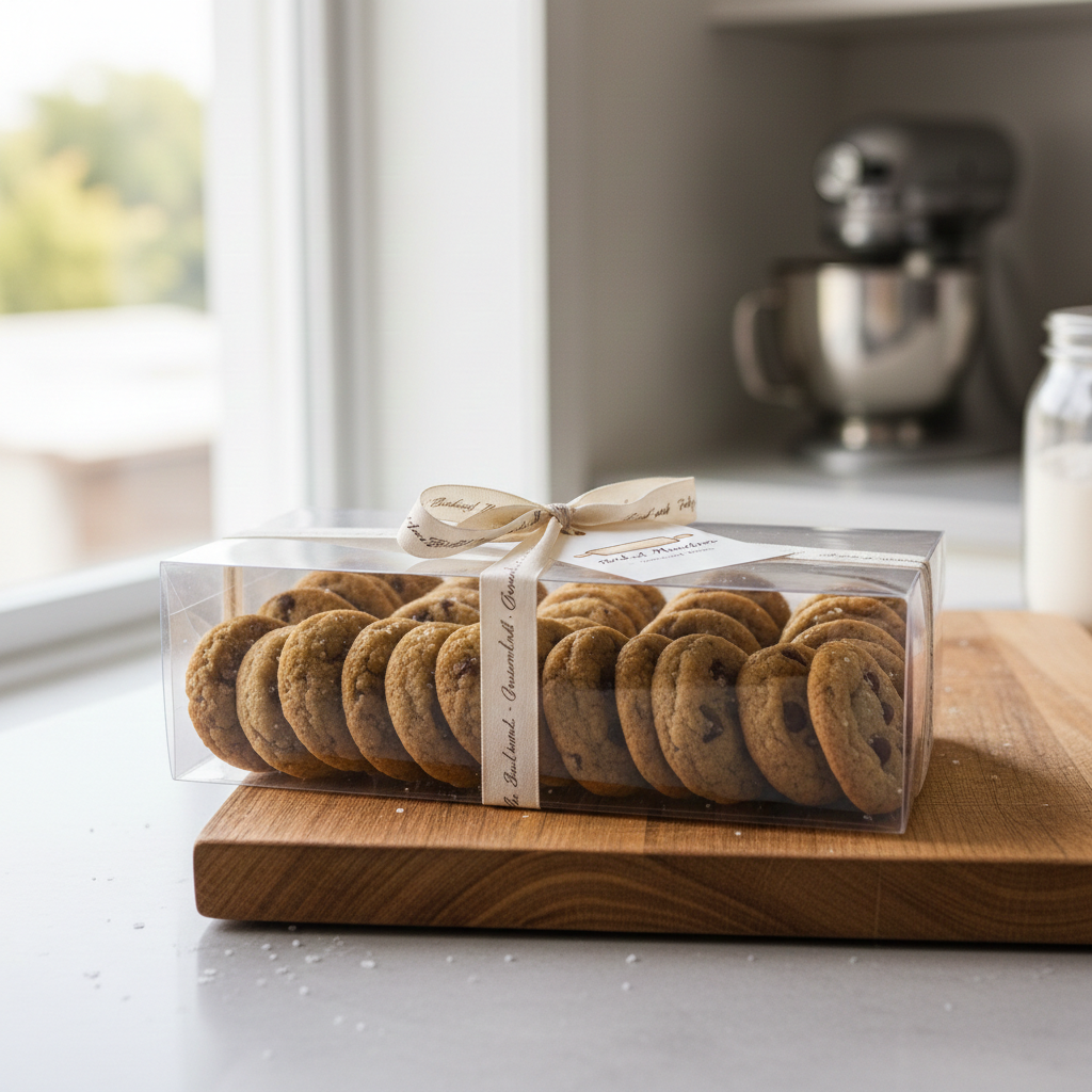 Selling Mini Cookies in a Home Bakery Mini cookies packaged in a clear professional window box with a brand ribbon.