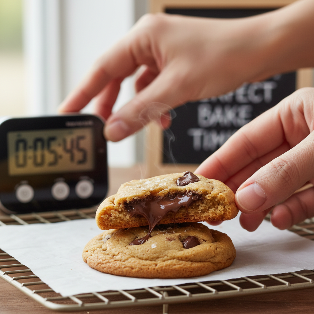 Perfect Internal Texture of a Mini Cookie A close up of a mini cookie being broken in half to show a soft gooey center and crisp exterior.