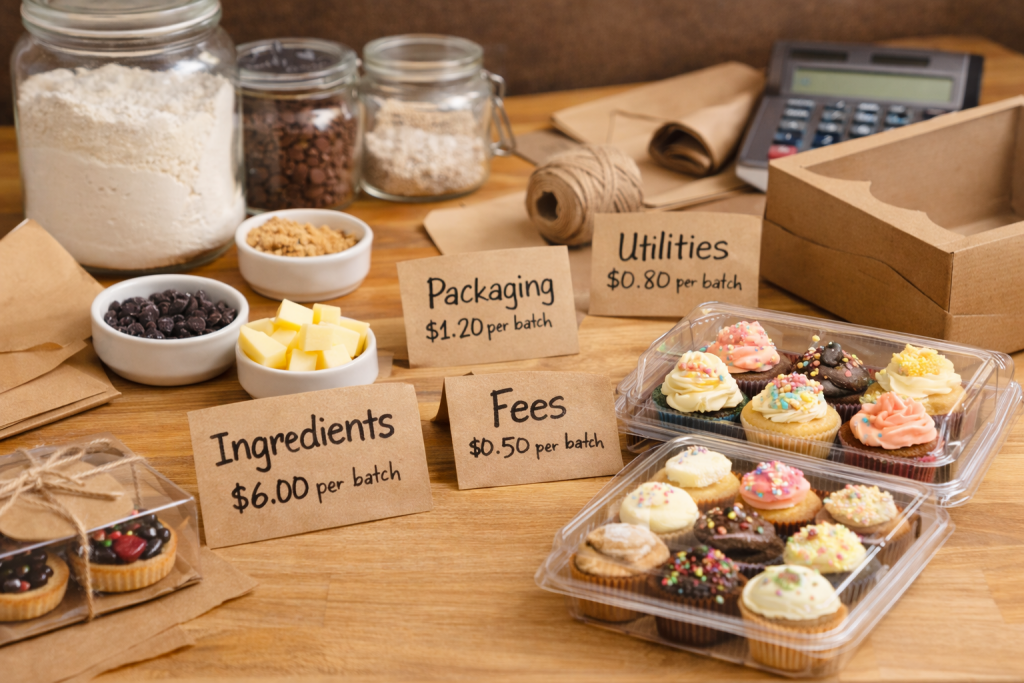Ingredients and packaging supplies laid out with handwritten cost notes to price for mini desserts