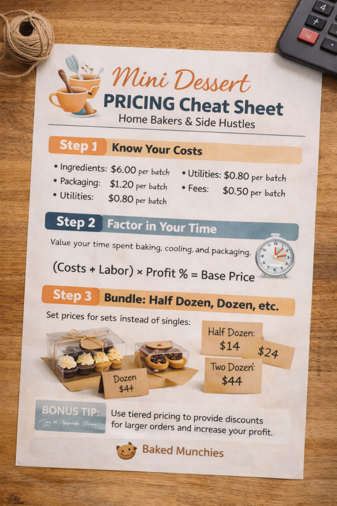 Mini dessert pricing cheat sheet for home bakers and side hustles